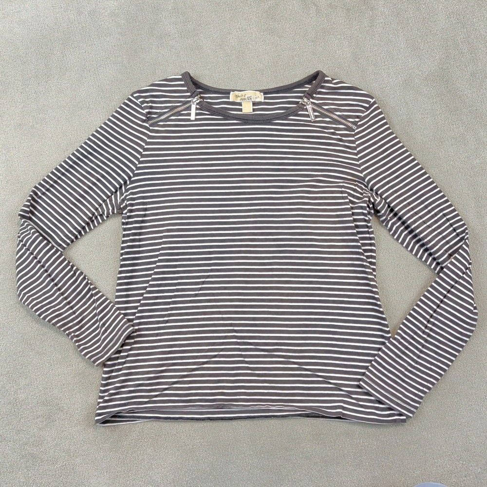 Michael Michael Kors Size L Womens Brown White Striped Zipper Shoulder Top